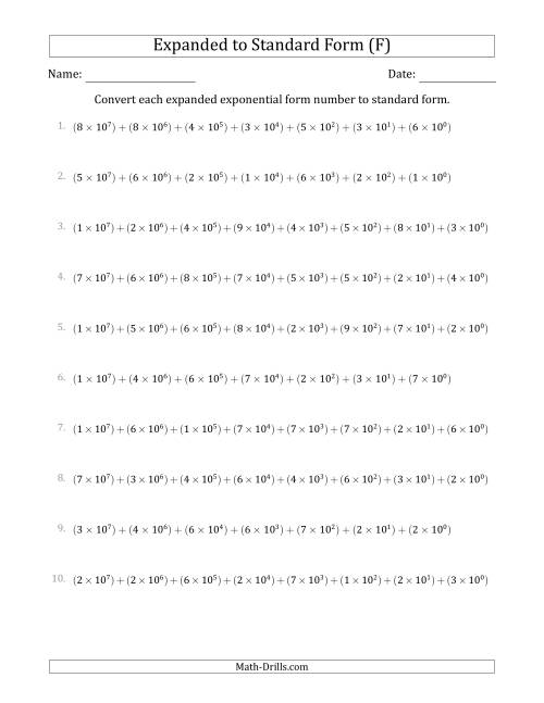 The Converting Expanded Exponential Form Numbers to Standard Form (8-Digit Numbers) (US/UK) (F) Math Worksheet
