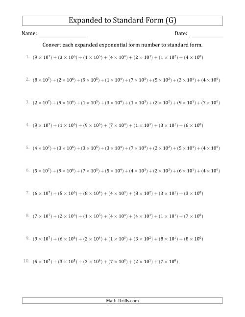 The Converting Expanded Exponential Form Numbers to Standard Form (8-Digit Numbers) (US/UK) (G) Math Worksheet