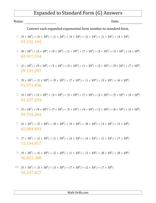 The Converting Expanded Exponential Form Numbers to Standard Form (8-Digit Numbers) (US/UK) (G) Math Worksheet Page 2