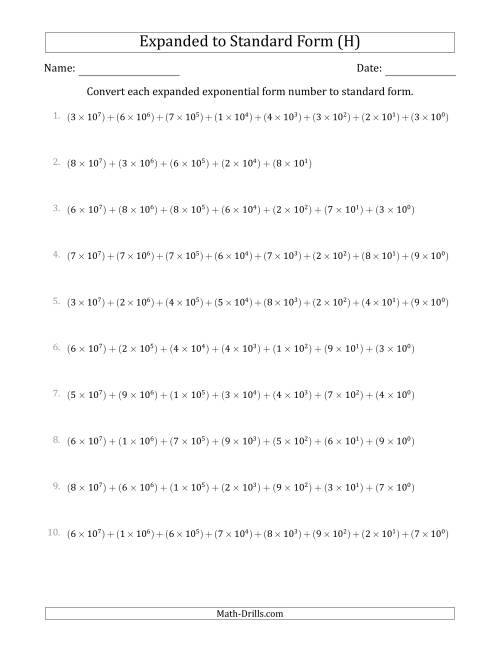 The Converting Expanded Exponential Form Numbers to Standard Form (8-Digit Numbers) (US/UK) (H) Math Worksheet