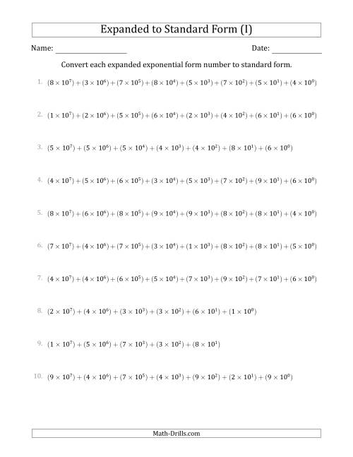 The Converting Expanded Exponential Form Numbers to Standard Form (8-Digit Numbers) (US/UK) (I) Math Worksheet