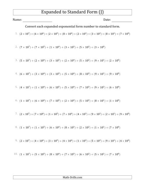 The Converting Expanded Exponential Form Numbers to Standard Form (8-Digit Numbers) (US/UK) (J) Math Worksheet