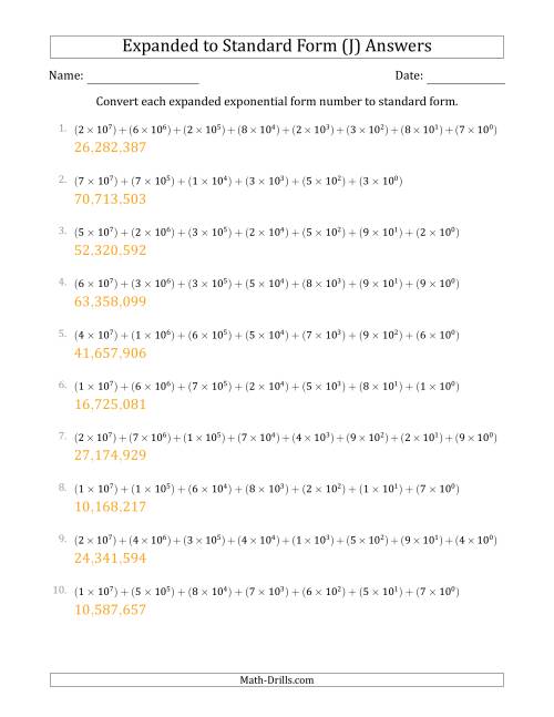 The Converting Expanded Exponential Form Numbers to Standard Form (8-Digit Numbers) (US/UK) (J) Math Worksheet Page 2