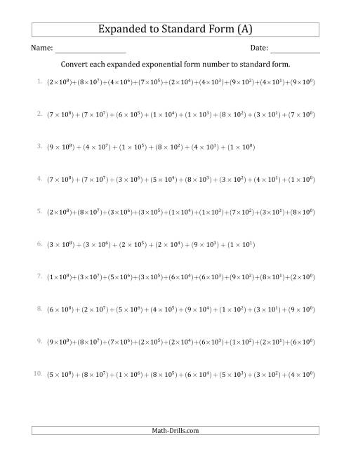 The Converting Expanded Exponential Form Numbers to Standard Form (9-Digit Numbers) (US/UK) (A) Math Worksheet