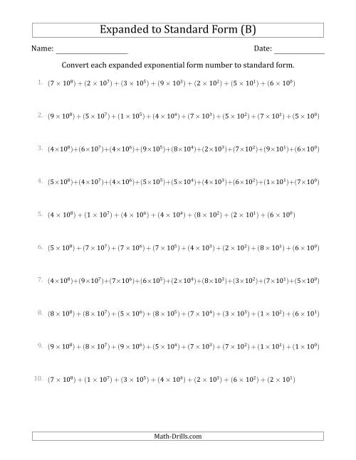 The Converting Expanded Exponential Form Numbers to Standard Form (9-Digit Numbers) (US/UK) (B) Math Worksheet