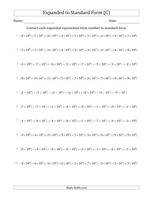 The Converting Expanded Exponential Form Numbers to Standard Form (9-Digit Numbers) (US/UK) (C) Math Worksheet