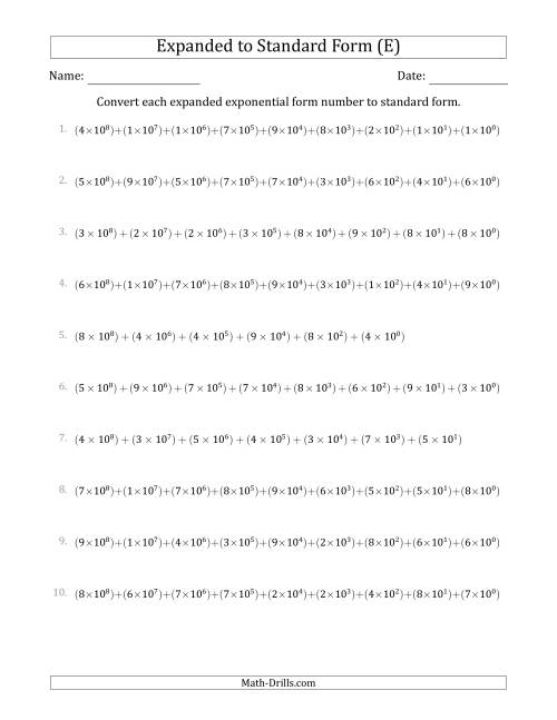 The Converting Expanded Exponential Form Numbers to Standard Form (9-Digit Numbers) (US/UK) (E) Math Worksheet