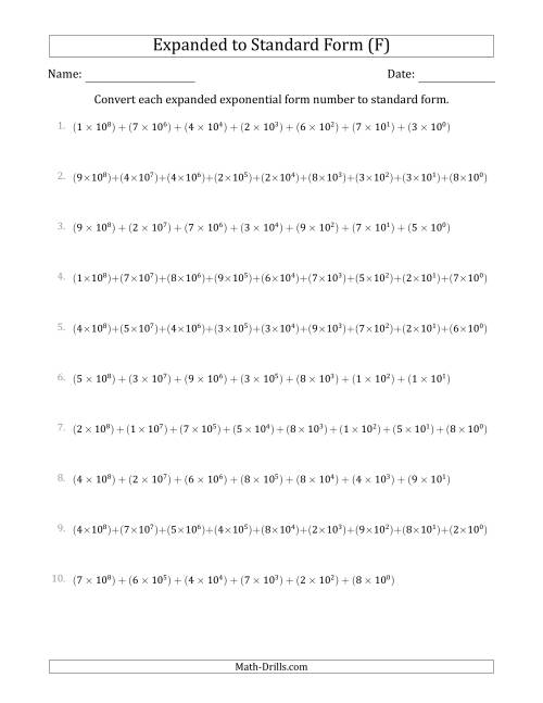 The Converting Expanded Exponential Form Numbers to Standard Form (9-Digit Numbers) (US/UK) (F) Math Worksheet