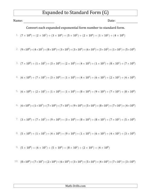 The Converting Expanded Exponential Form Numbers to Standard Form (9-Digit Numbers) (US/UK) (G) Math Worksheet