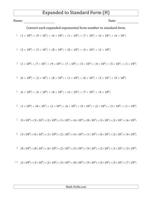 The Converting Expanded Exponential Form Numbers to Standard Form (9-Digit Numbers) (US/UK) (H) Math Worksheet
