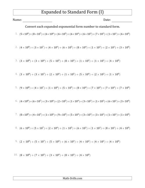 The Converting Expanded Exponential Form Numbers to Standard Form (9-Digit Numbers) (US/UK) (I) Math Worksheet