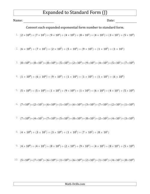 The Converting Expanded Exponential Form Numbers to Standard Form (9-Digit Numbers) (US/UK) (J) Math Worksheet
