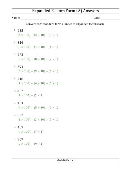 The Converting Standard Form Numbers to Expanded Factors Form (3-Digit Numbers) (A) Math Worksheet Page 2