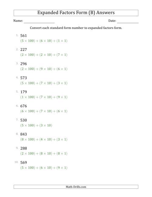 The Converting Standard Form Numbers to Expanded Factors Form (3-Digit Numbers) (B) Math Worksheet Page 2