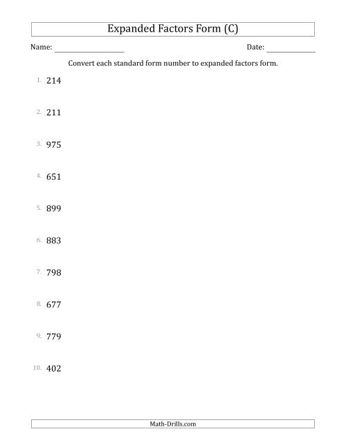 The Converting Standard Form Numbers to Expanded Factors Form (3-Digit Numbers) (C) Math Worksheet