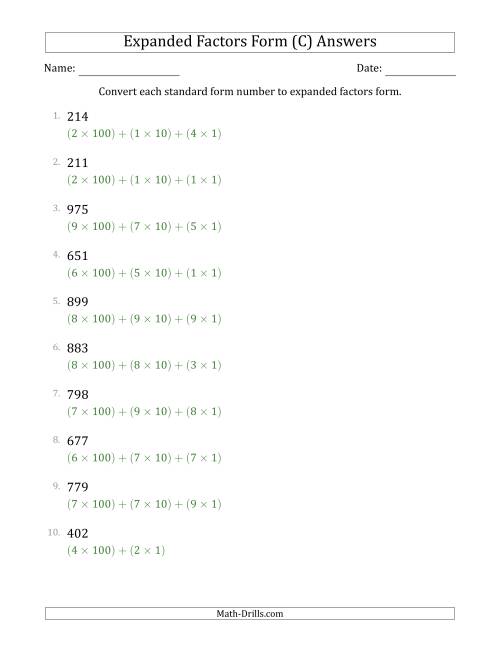 The Converting Standard Form Numbers to Expanded Factors Form (3-Digit Numbers) (C) Math Worksheet Page 2
