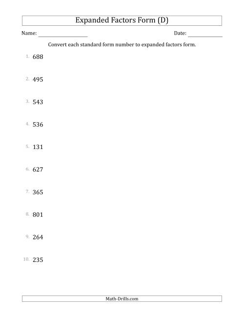 The Converting Standard Form Numbers to Expanded Factors Form (3-Digit Numbers) (D) Math Worksheet