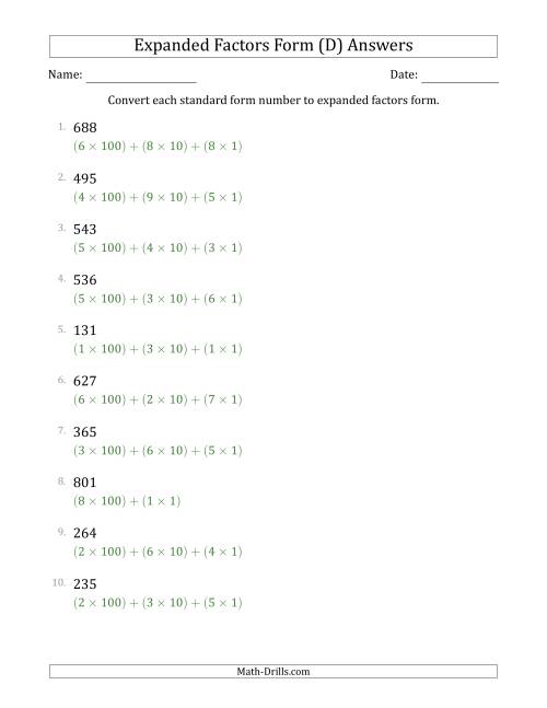 The Converting Standard Form Numbers to Expanded Factors Form (3-Digit Numbers) (D) Math Worksheet Page 2