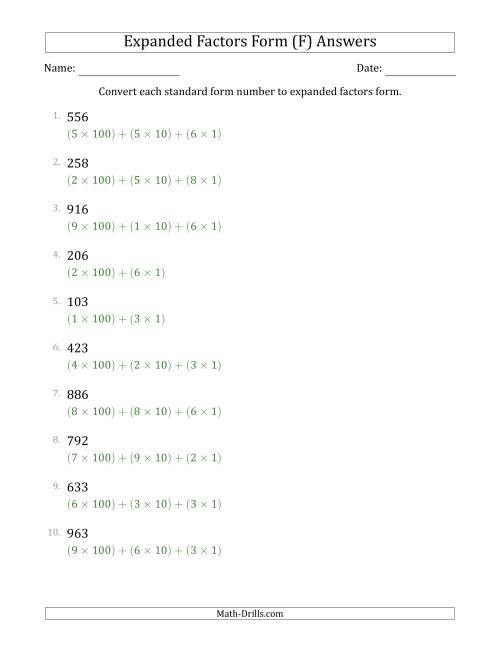 The Converting Standard Form Numbers to Expanded Factors Form (3-Digit Numbers) (F) Math Worksheet Page 2