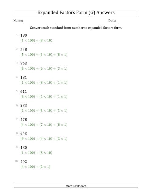 The Converting Standard Form Numbers to Expanded Factors Form (3-Digit Numbers) (G) Math Worksheet Page 2