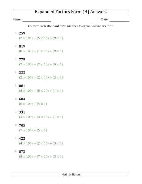 The Converting Standard Form Numbers to Expanded Factors Form (3-Digit Numbers) (H) Math Worksheet Page 2
