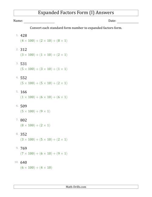 The Converting Standard Form Numbers to Expanded Factors Form (3-Digit Numbers) (I) Math Worksheet Page 2