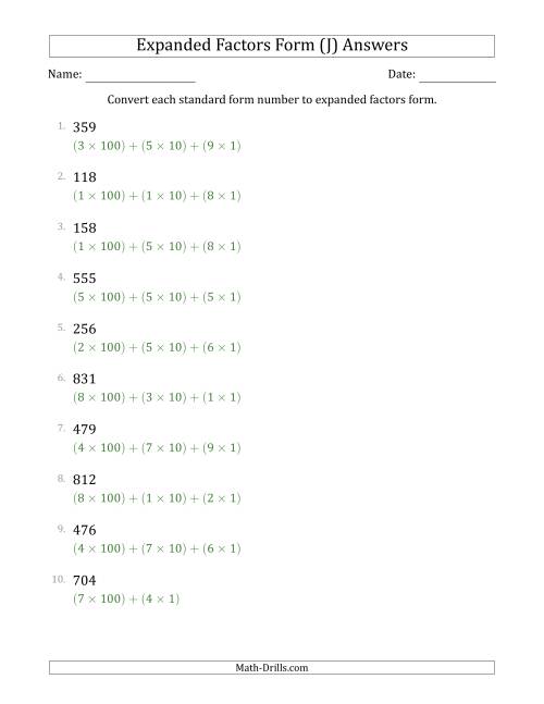 The Converting Standard Form Numbers to Expanded Factors Form (3-Digit Numbers) (J) Math Worksheet Page 2