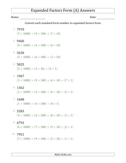 The Converting Standard Form Numbers to Expanded Factors Form (4-Digit Numbers) (A) Math Worksheet Page 2