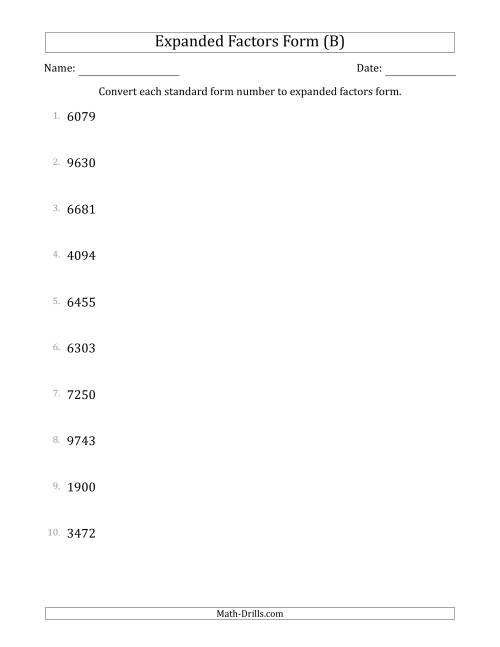The Converting Standard Form Numbers to Expanded Factors Form (4-Digit Numbers) (B) Math Worksheet