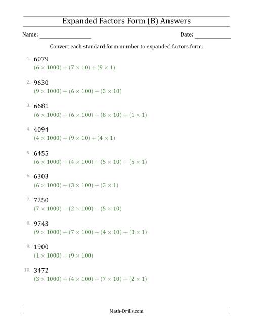 The Converting Standard Form Numbers to Expanded Factors Form (4-Digit Numbers) (B) Math Worksheet Page 2