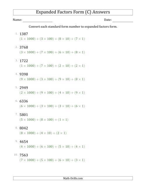 The Converting Standard Form Numbers to Expanded Factors Form (4-Digit Numbers) (C) Math Worksheet Page 2