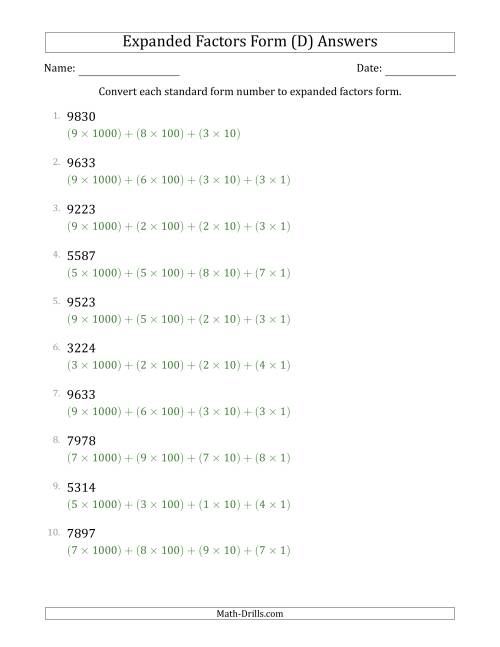 The Converting Standard Form Numbers to Expanded Factors Form (4-Digit Numbers) (D) Math Worksheet Page 2