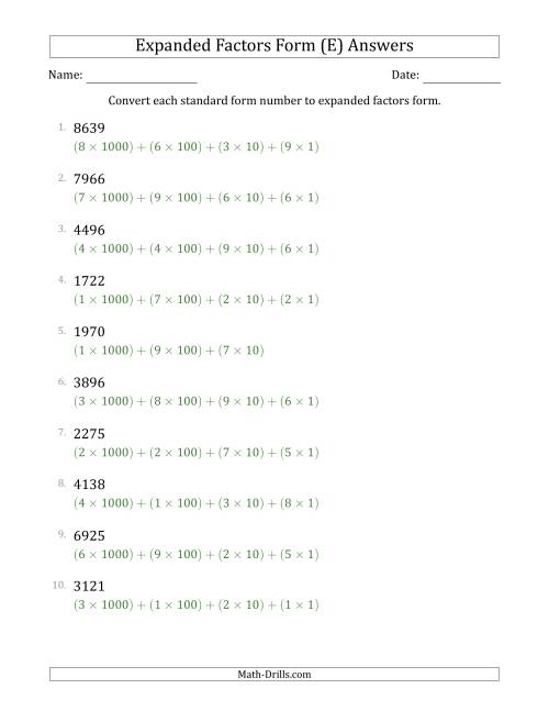 The Converting Standard Form Numbers to Expanded Factors Form (4-Digit Numbers) (E) Math Worksheet Page 2