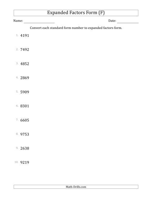 The Converting Standard Form Numbers to Expanded Factors Form (4-Digit Numbers) (F) Math Worksheet