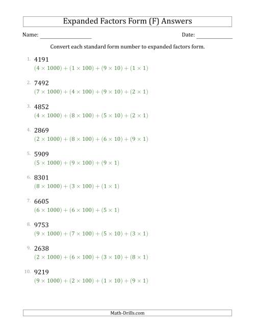 The Converting Standard Form Numbers to Expanded Factors Form (4-Digit Numbers) (F) Math Worksheet Page 2