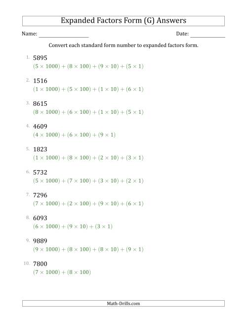 The Converting Standard Form Numbers to Expanded Factors Form (4-Digit Numbers) (G) Math Worksheet Page 2
