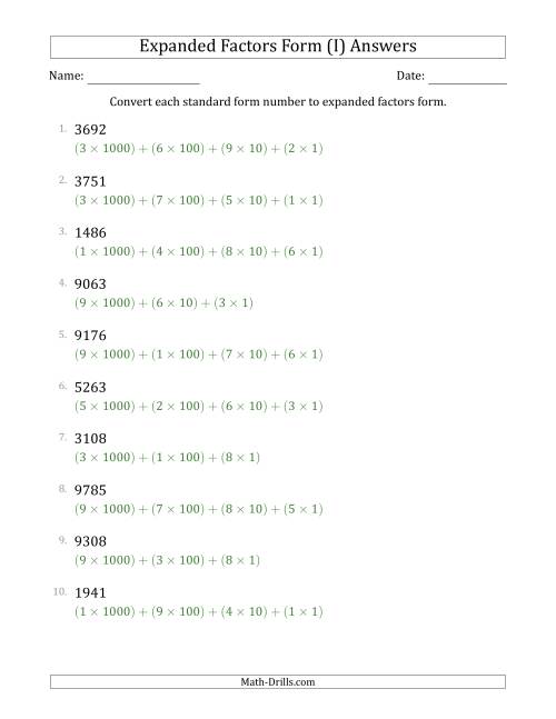 The Converting Standard Form Numbers to Expanded Factors Form (4-Digit Numbers) (I) Math Worksheet Page 2