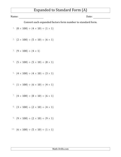 The Converting Expanded Factors Form Numbers to Standard Form (3-Digit Numbers) (A) Math Worksheet
