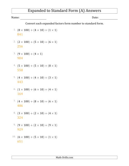 The Converting Expanded Factors Form Numbers to Standard Form (3-Digit Numbers) (A) Math Worksheet Page 2