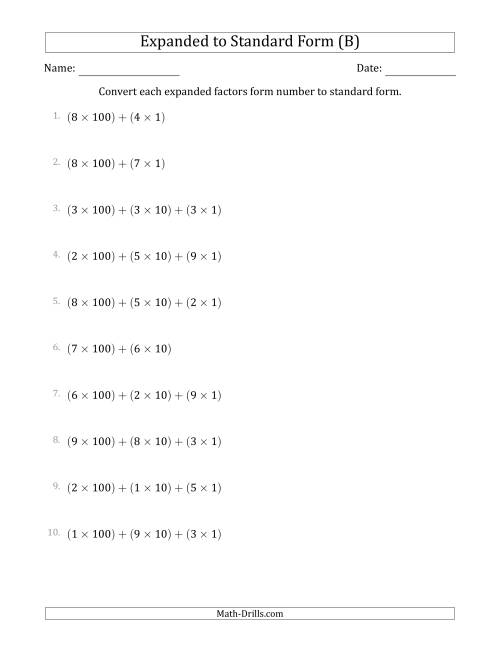 The Converting Expanded Factors Form Numbers to Standard Form (3-Digit Numbers) (B) Math Worksheet