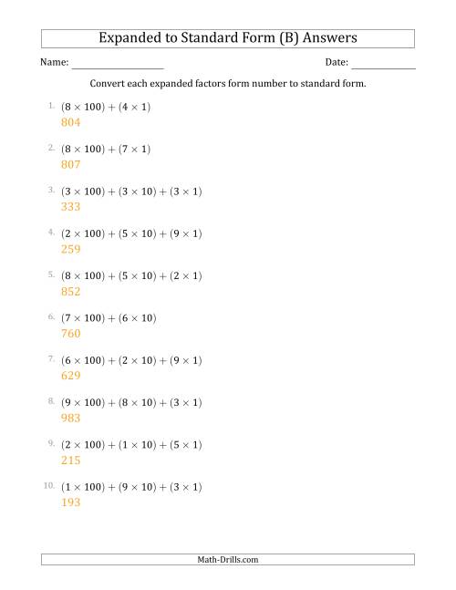 The Converting Expanded Factors Form Numbers to Standard Form (3-Digit Numbers) (B) Math Worksheet Page 2