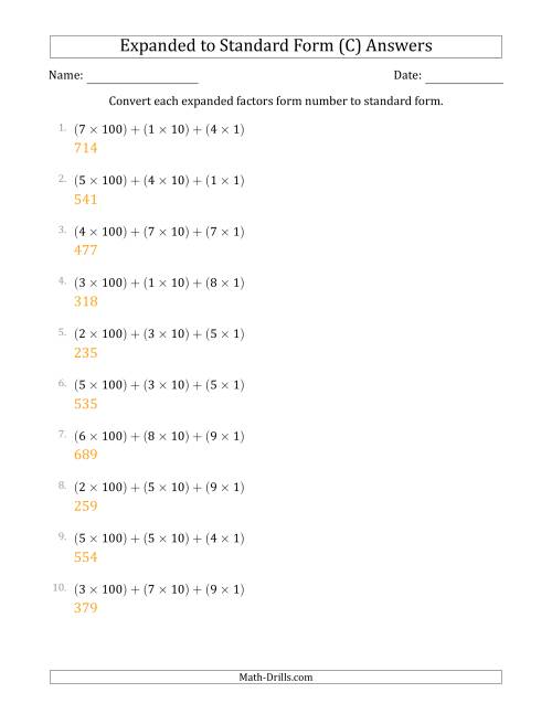 The Converting Expanded Factors Form Numbers to Standard Form (3-Digit Numbers) (C) Math Worksheet Page 2