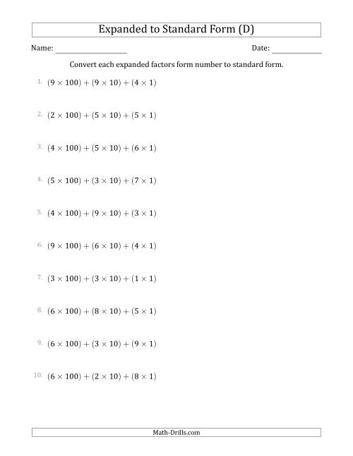 The Converting Expanded Factors Form Numbers to Standard Form (3-Digit Numbers) (D) Math Worksheet