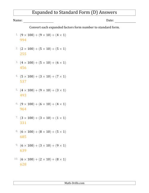 The Converting Expanded Factors Form Numbers to Standard Form (3-Digit Numbers) (D) Math Worksheet Page 2