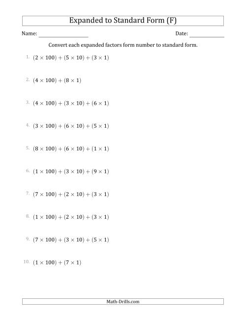 The Converting Expanded Factors Form Numbers to Standard Form (3-Digit Numbers) (F) Math Worksheet