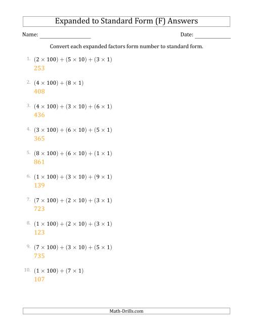 The Converting Expanded Factors Form Numbers to Standard Form (3-Digit Numbers) (F) Math Worksheet Page 2