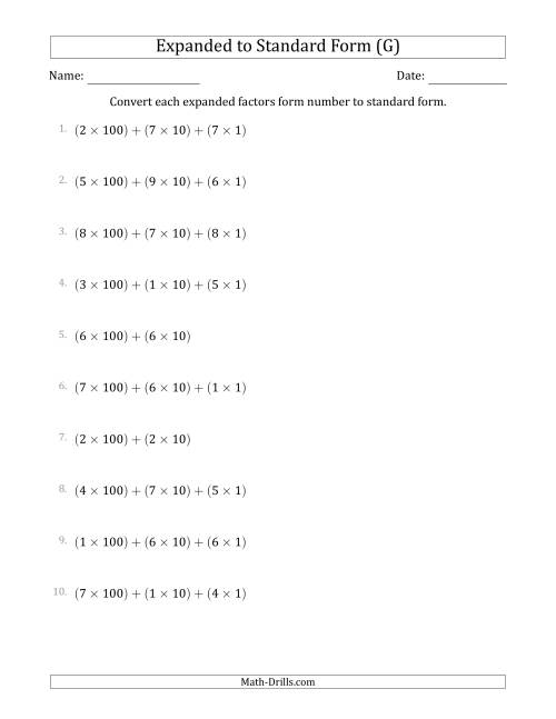 The Converting Expanded Factors Form Numbers to Standard Form (3-Digit Numbers) (G) Math Worksheet