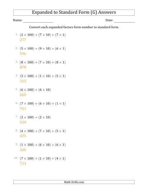 The Converting Expanded Factors Form Numbers to Standard Form (3-Digit Numbers) (G) Math Worksheet Page 2