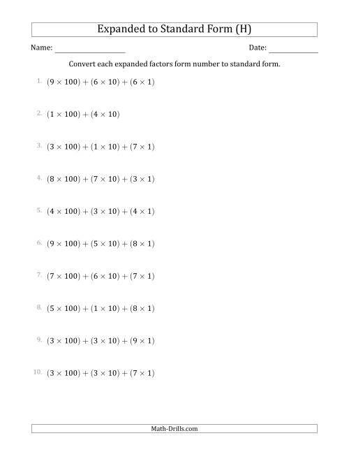 The Converting Expanded Factors Form Numbers to Standard Form (3-Digit Numbers) (H) Math Worksheet