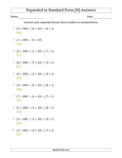The Converting Expanded Factors Form Numbers to Standard Form (3-Digit Numbers) (H) Math Worksheet Page 2